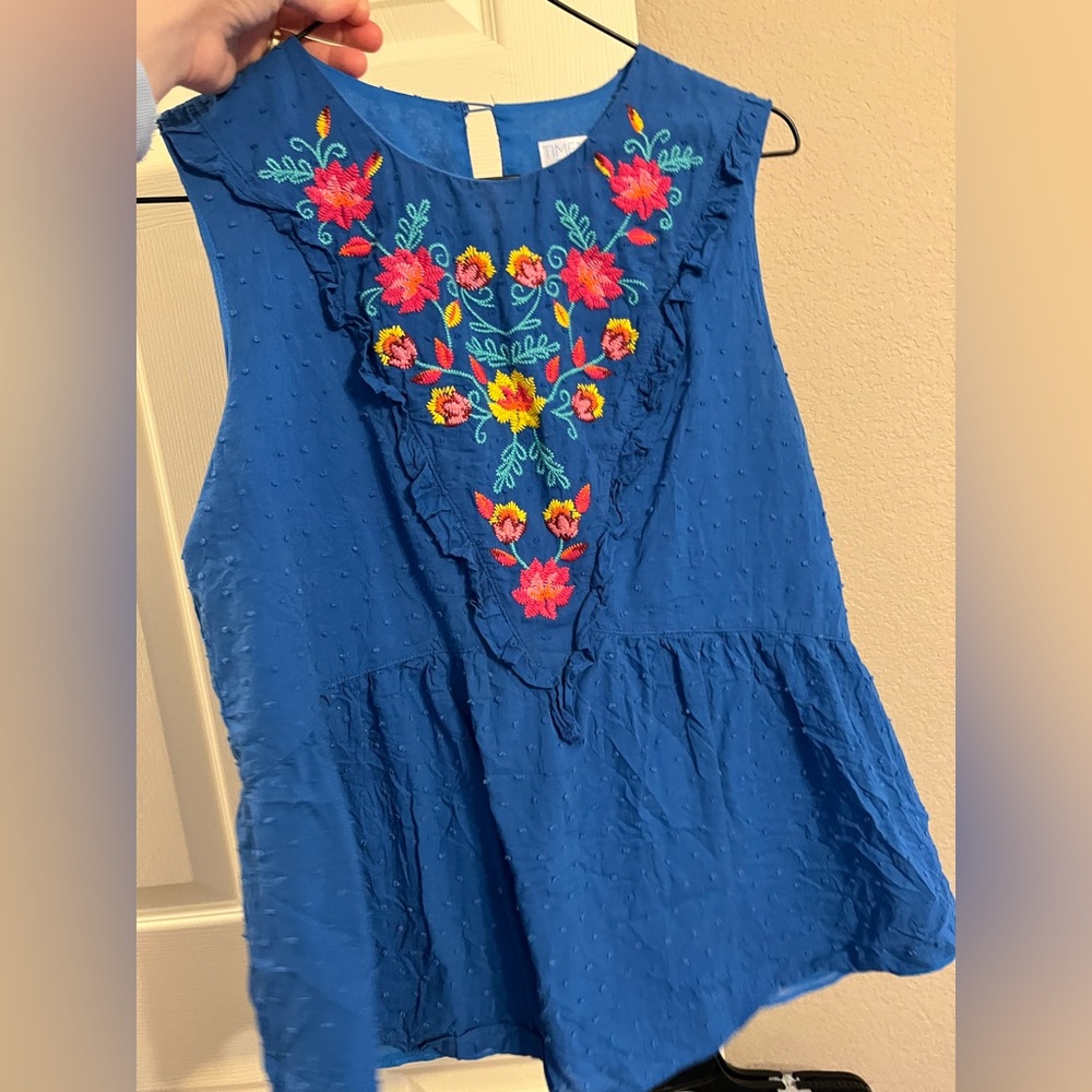 Blue Embroidered Sleeveless Top